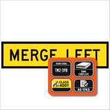 "MERGE LEFT" TM2-39B black text on retroreflective yellow - 1200x300mm corflute sign panel
