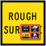 TM3-7A Rough Surface 600x600mm corflute sign panel with black ROUGH SURFACE text and border on yellow retroreflective background