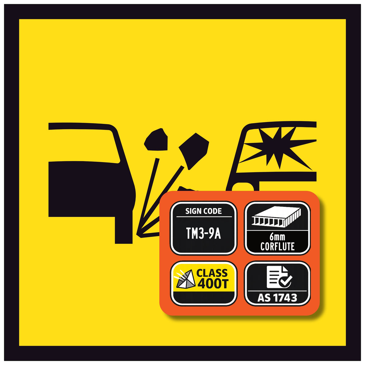 traffic management loose stones sign, and certification details on a yellow background