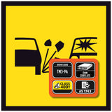 traffic management loose stones sign, and certification details on a yellow background