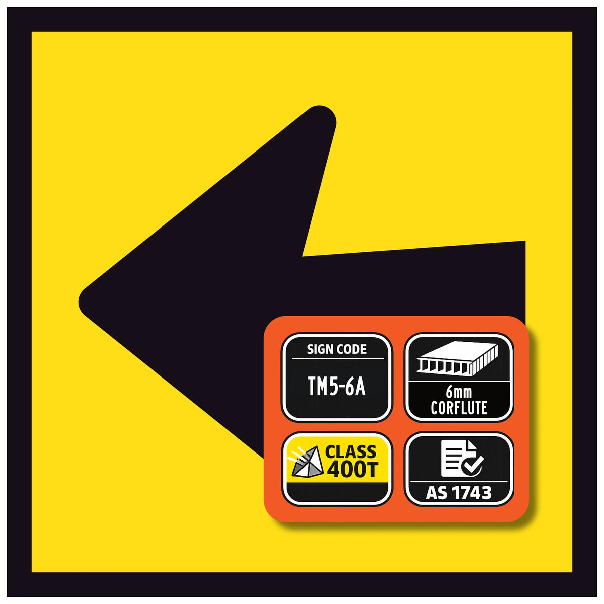 Yellow background with a black arrow and an orange label with certification details.