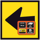 Yellow background with a black arrow and an orange label with certification details.