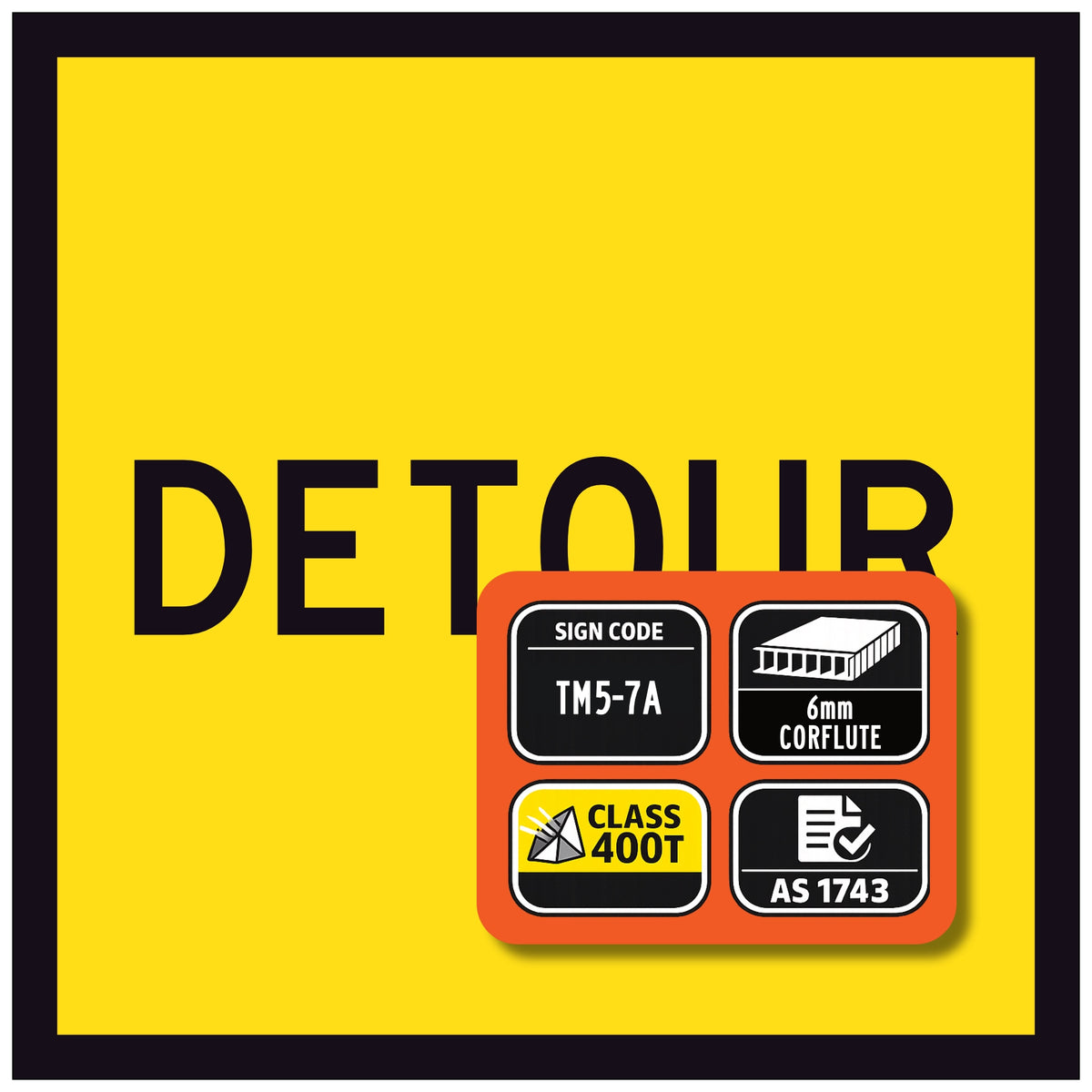 Detour sign with certification logos on a yellow background