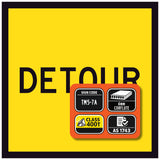 Detour sign with certification logos on a yellow background