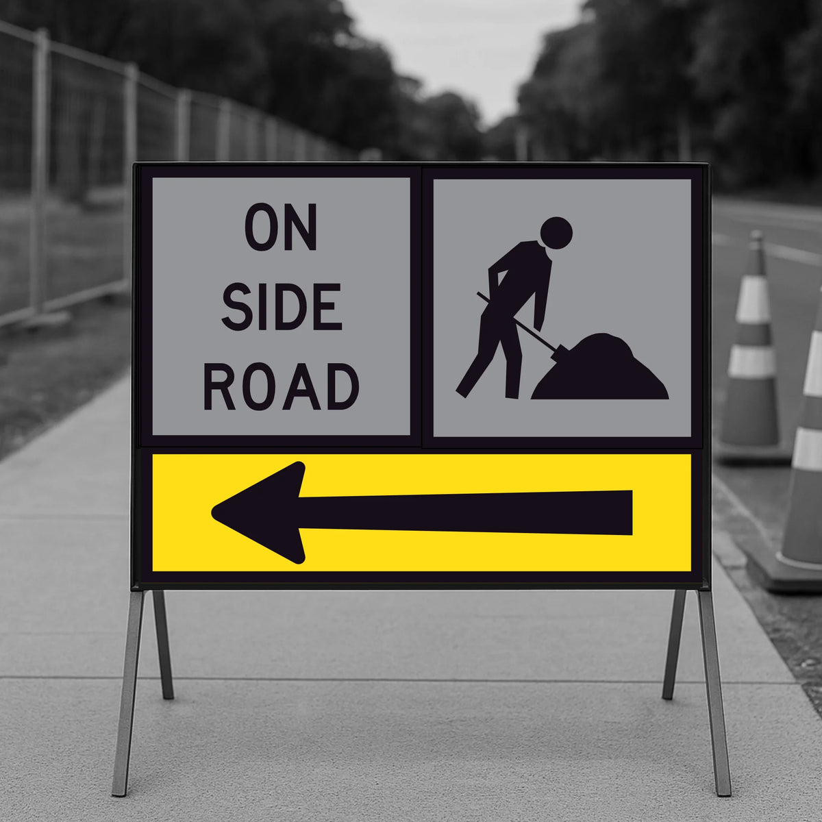Horizontal Arrow TM5-8B long directional arrow corflute panel fitted below ON SIDE ROAD and Worker symbol panels in a multi-message sign frame on a footpath, indicating the direction of roadwork on a side road