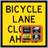 Bicycle Lane Closed Ahead TM8-15A corflute sign panel with sign code, 6mm corflute and Class 400T reflective sheeting specifications