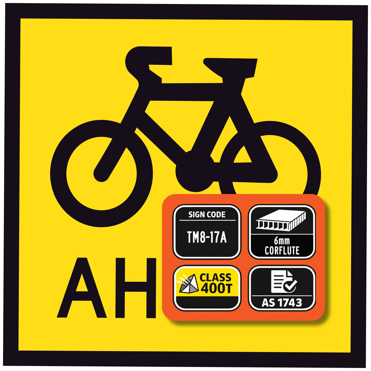 Bicycle Ahead TM8-17A corflute sign panel with sign code, 6mm corflute and Class 400T reflective sheeting specifications