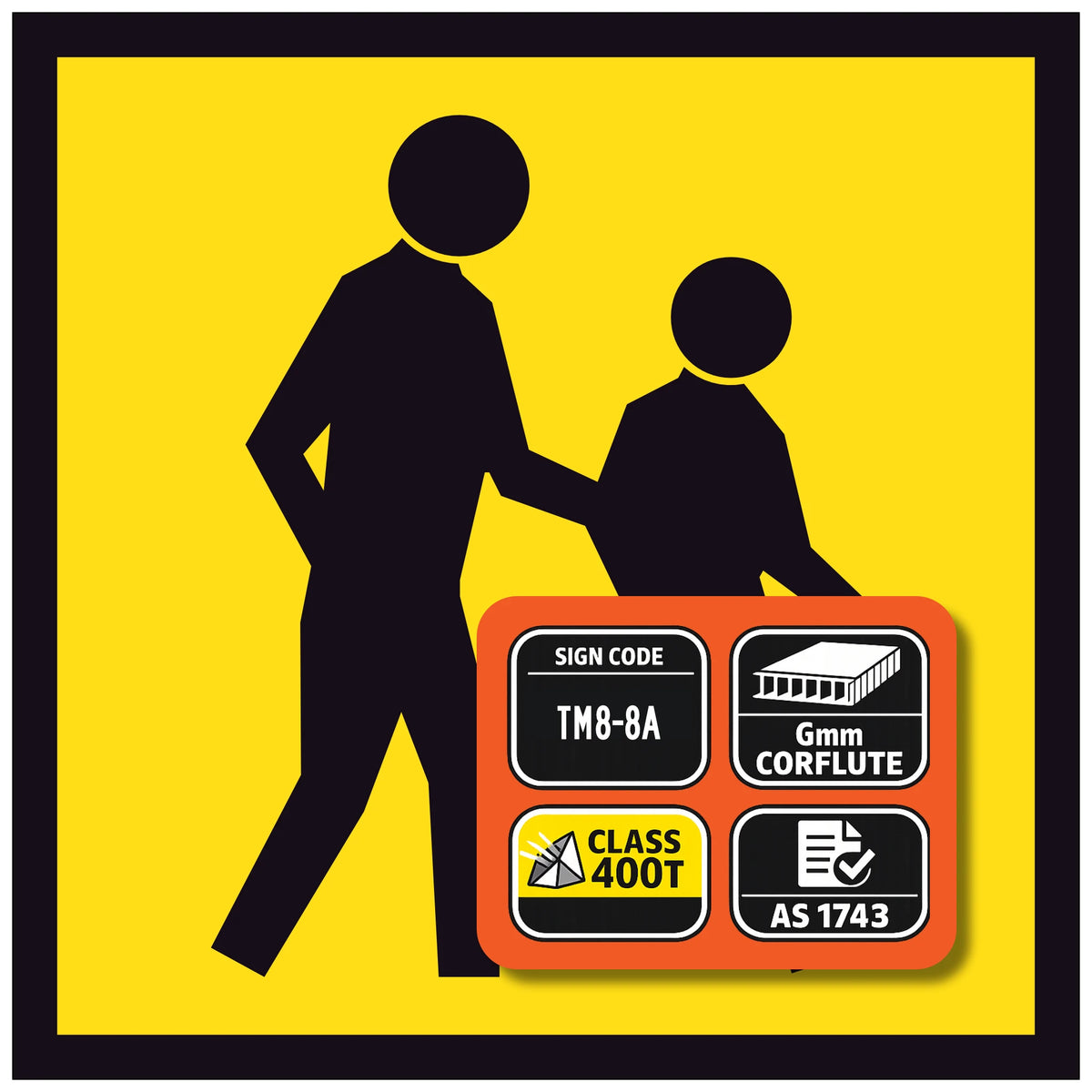 Pedestrians Symbolic TM8-8A 600x600mm corflute traffic sign panel with black pedestrian symbol on yellow reflective background
