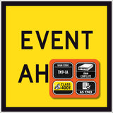 Event Ahead TM9-1A yellow corflute sign panel with spec badge showing sign code TM9-1A, 6mm corflute, Class 400T sheeting and AS 1743