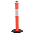 Orange traffic bollard with reflective white strip on a white background