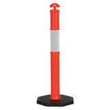 Orange traffic bollard with reflective white strip on a white background