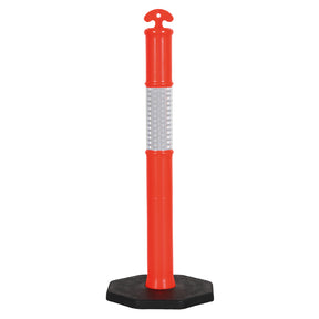 Orange traffic bollard with reflective white strip on a white background