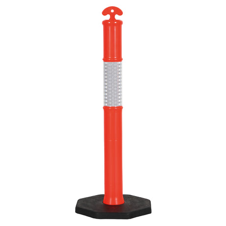 Orange traffic bollard with reflective white strip on a white background