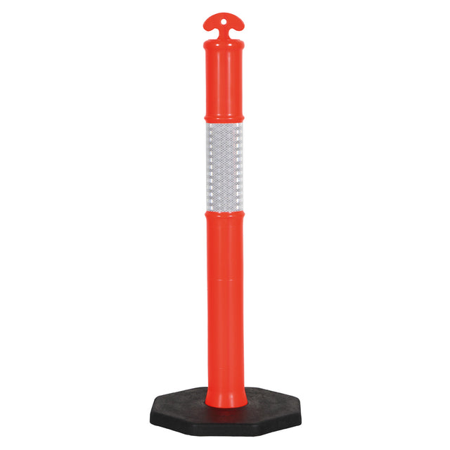 Orange traffic bollard with reflective white strip on a white background