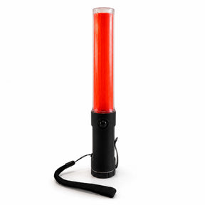 Red LED traffic marshalling wand with black handle, belt clip and hand strap