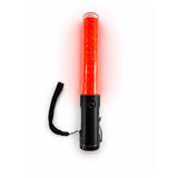Illuminated red LED traffic marshalling wand with black handle and hand strap on a white background