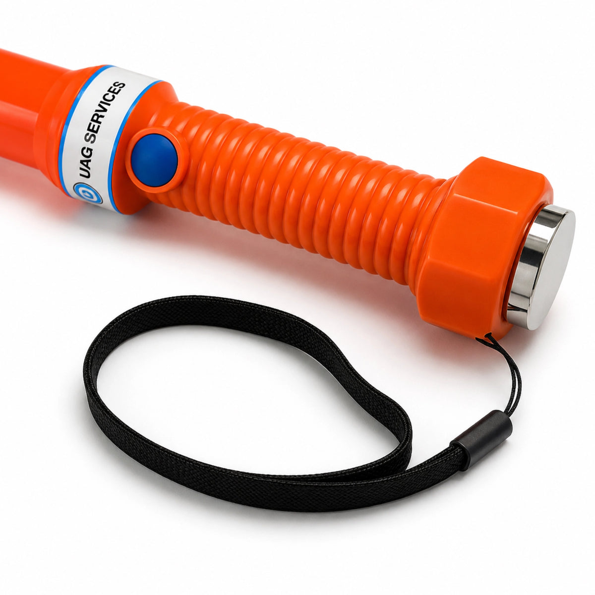 Close-up of the orange marshalling wand's switch, magnetic base and hand lanyard