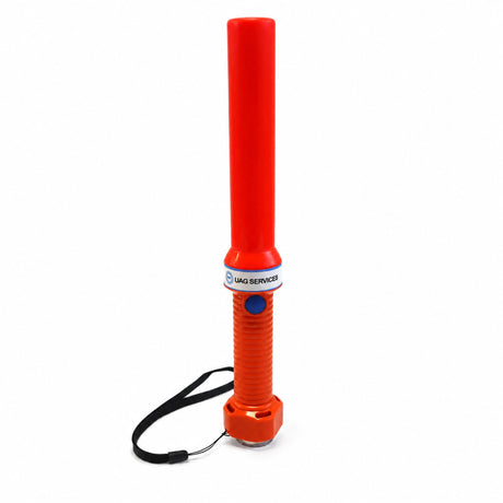 Orange LED traffic marshalling wand with UAG Services branding on a white background