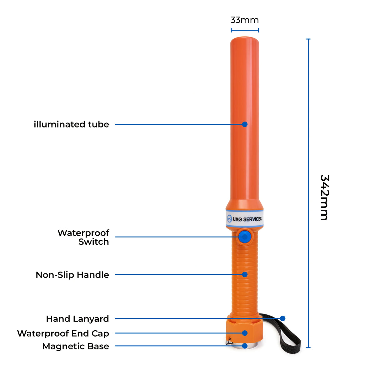 Orange LED traffic marshalling wand with labelled parts and dimensions, 342mm overall length