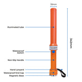 Orange LED traffic marshalling wand with labelled parts and dimensions, 342mm overall length