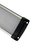 Close-up of the black end cap and screw mounting points on the LED strip light