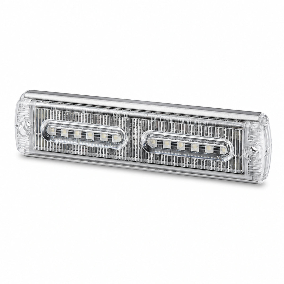 Angled view of the slim clear-lens U30-12A warning light head showing the two six-LED banks
