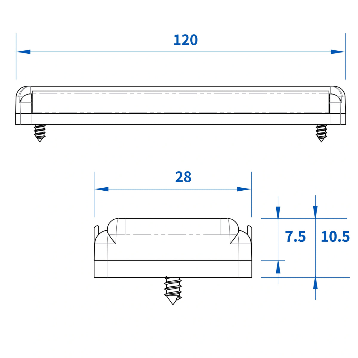 Dimension view of the U30-12A light head showing 119mm length, 28mm height and 7.5mm depth