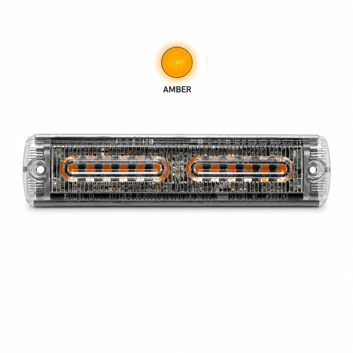U30-12A ultra-slim LED warning light head front view showing two banks of amber LEDs behind the clear lens with her light icon