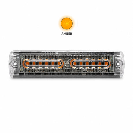 U30-12A ultra-slim LED warning light head front view showing two banks of amber LEDs behind the clear lens with her light icon