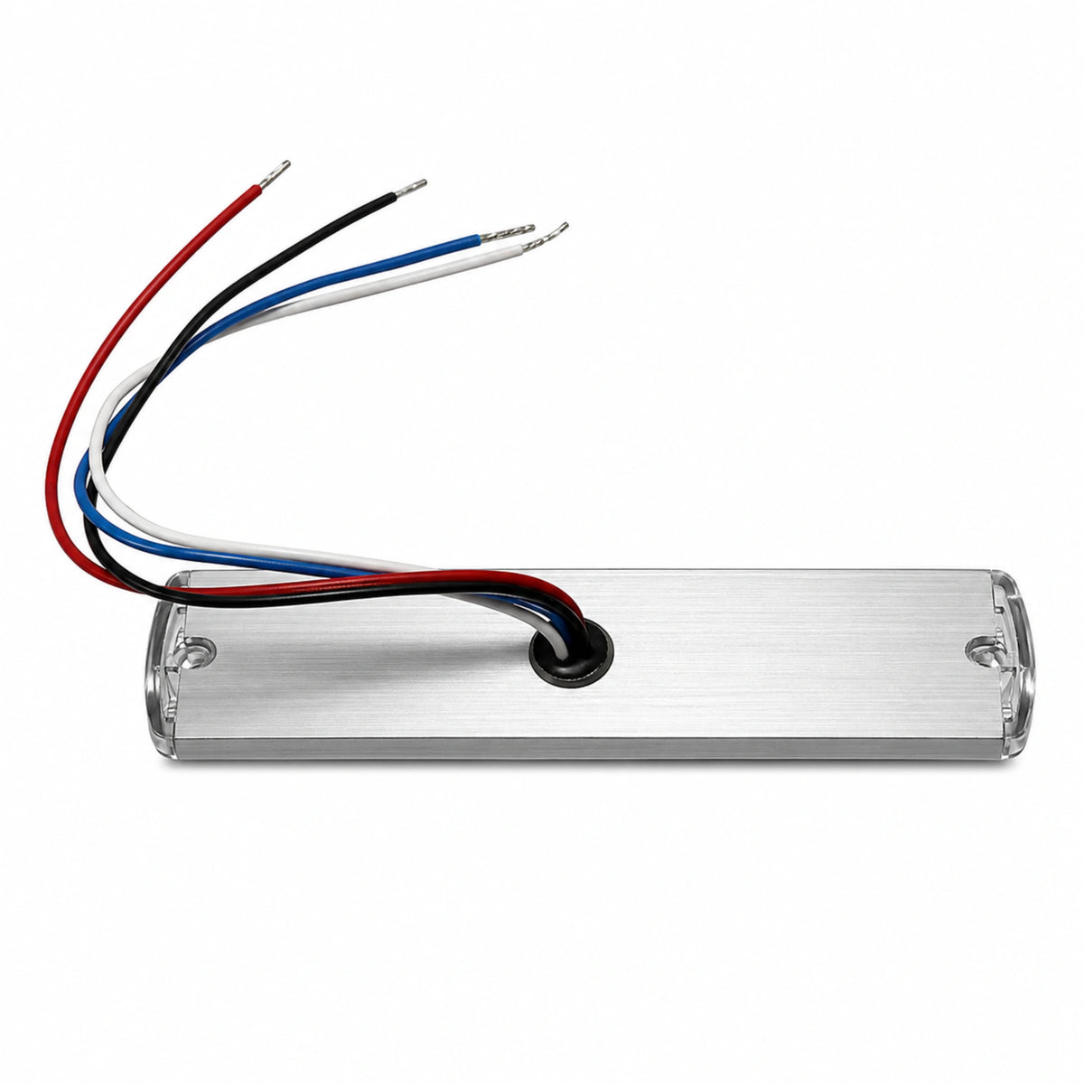 Brushed alloy underside of the U30-12A light head with sealed cable gland and four wires