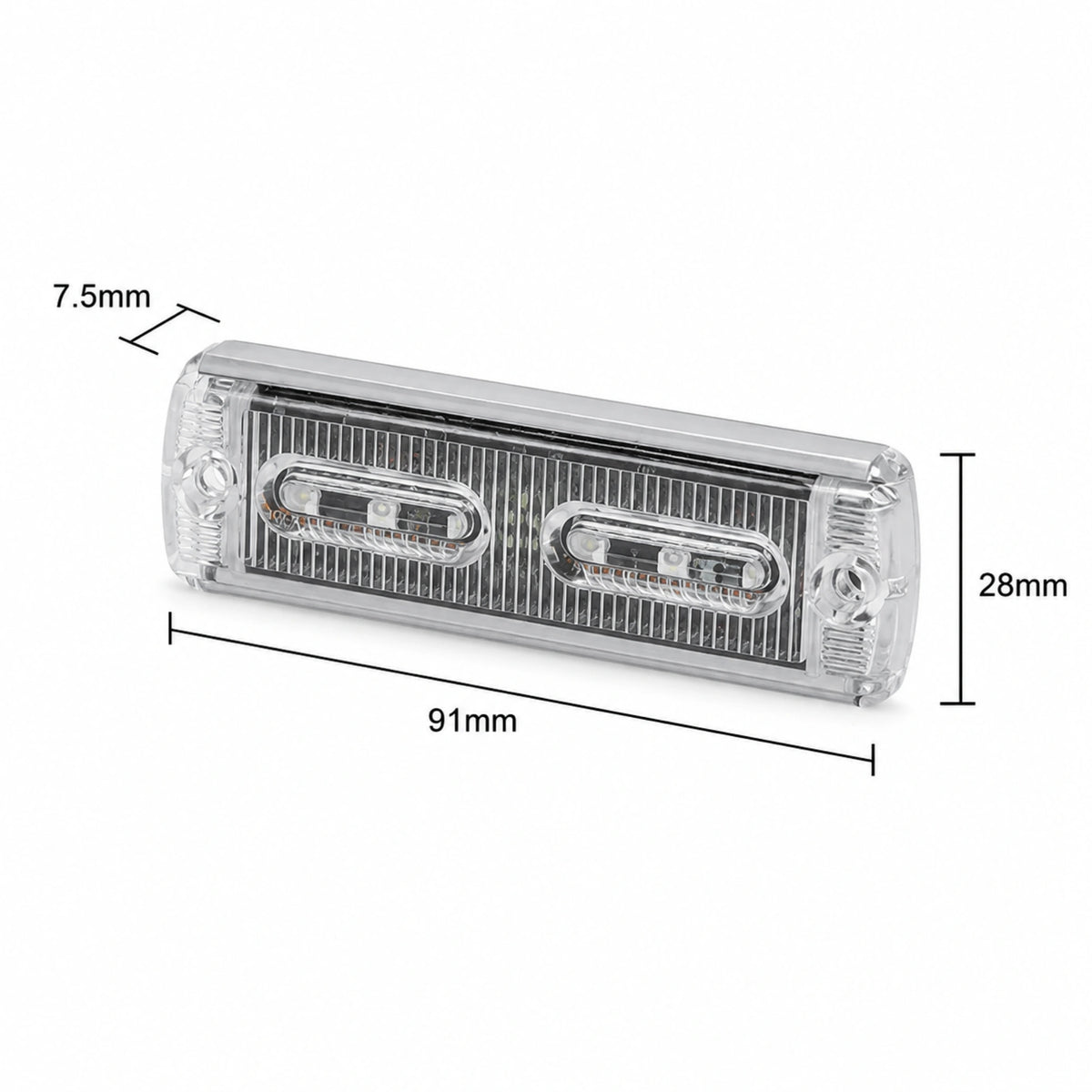 U30-6 ultra-slim LED warning light head, angled view with dimensions labelled 91 x 28 x 7.5mm