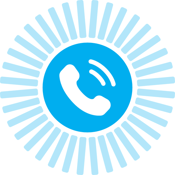 A blue circular icon with a white telephone handset and radiating blue bars on a white background.