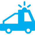 A bright blue simplified icon of a vehicle with a light bar on top, shown on a plain white background.