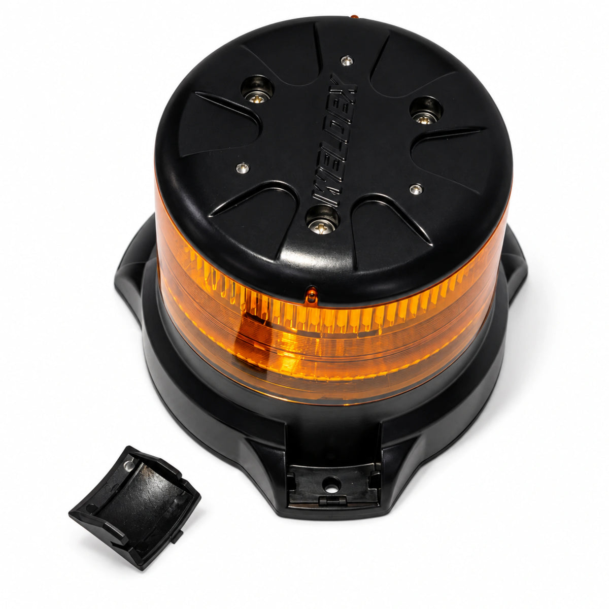 Weldex 35W heavy duty amber LED beacon with one bolt cover removed, showing the top-fixing bolt recess in the black three-lobe base