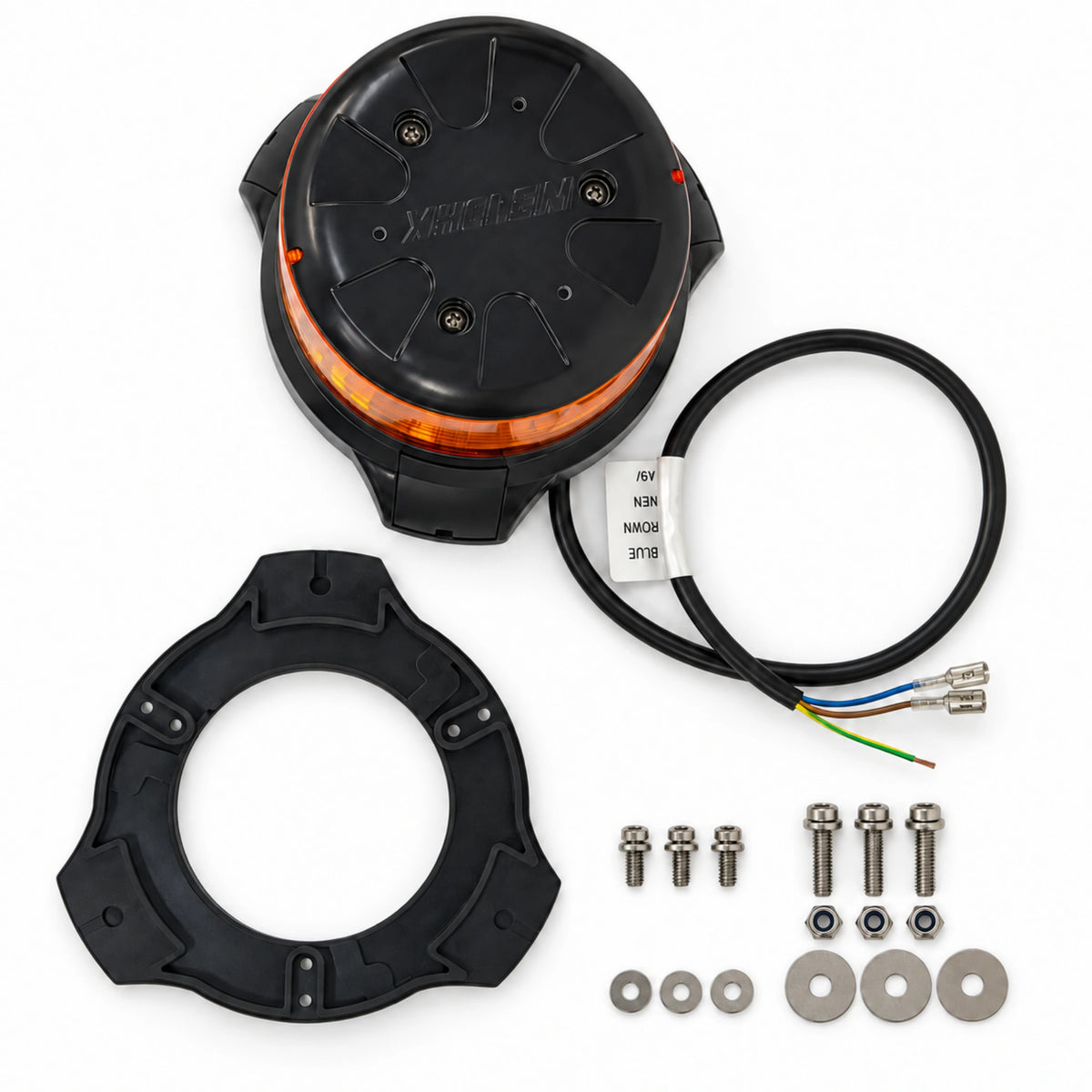 Weldex 35W beacon components laid out: black beacon with 3-core lead, black mounting base gasket, three M4 sems bolts with washers, and three M5 bolts with nylon nuts and large washers