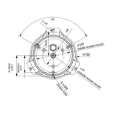 Weldex 35W beacon base mounting drawing showing 3 x 6mm through holes on a 150mm circle and 6 x M4 screw holes on 107mm and 130mm circles at 120 degrees