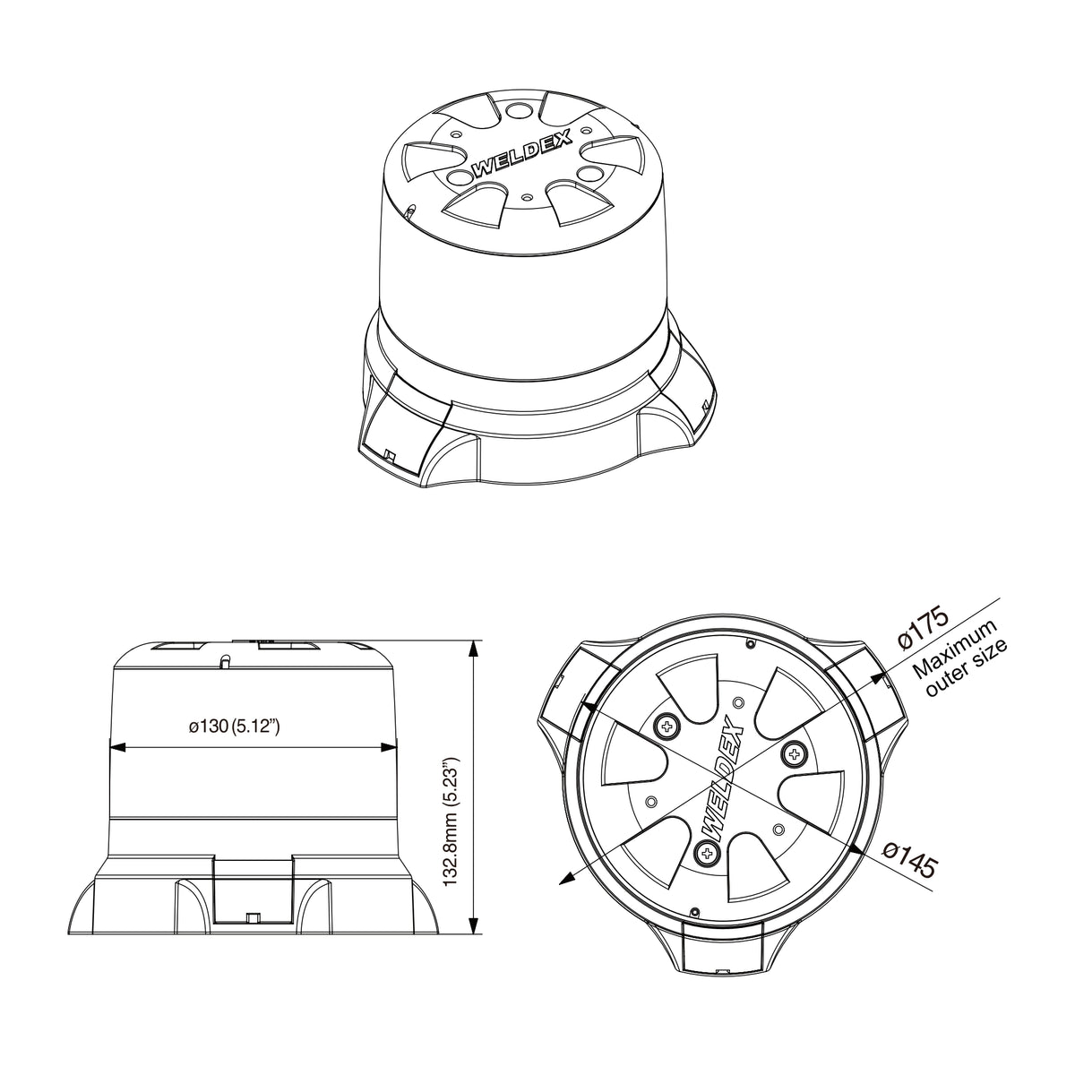 Weldex 35W beacon dimension drawing showing 132.8mm height, 130mm lens diameter and 175mm maximum base width