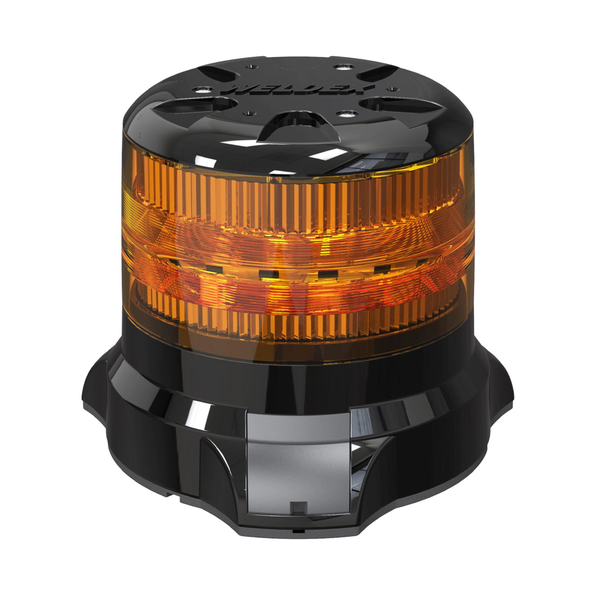 Weldex 35W heavy duty amber LED beacon with black Weldex-branded top cap, amber lens and black three-lobe mounting base