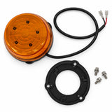 Weldex 30W amber LED beacon components laid out: beacon with 600mm red and black lead, black rubber gasket and three M4 sems screws