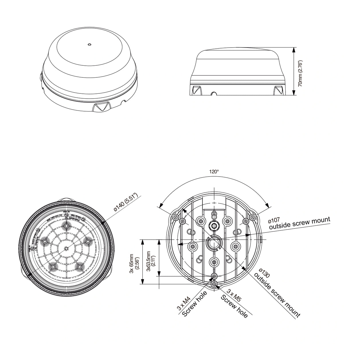 Weldex WDBL-91R30W dimension drawing showing 140mm diameter, 70mm height and base hole patterns of 3 x M4 on 107mm and 3 x M5 on 130mm