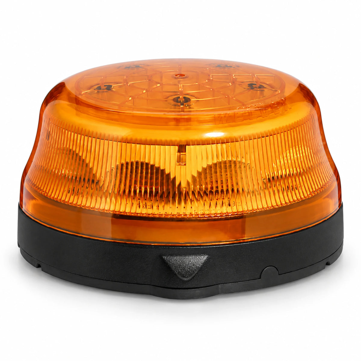 Weldex 30W amber LED rotating beacon with a low-profile amber lens on a black base, three-quarter view