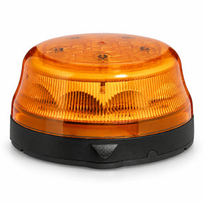 Weldex 30W amber LED rotating beacon with a low-profile amber lens on a black base, three-quarter view