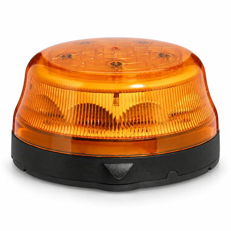 Weldex 30W amber LED rotating beacon with a low-profile amber lens on a black base, three-quarter view