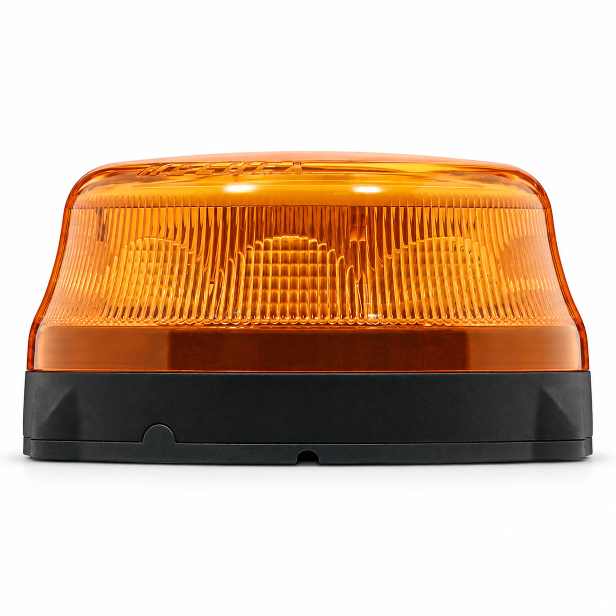 Side view of the Weldex 30W amber LED rotating beacon showing its 70mm low profile and black base