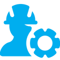 A bright blue silhouette icon of a person wearing a hard hat next to a gear, on a plain white background.
