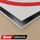 6MM Corflute sheet with a red and black logo on a beige background