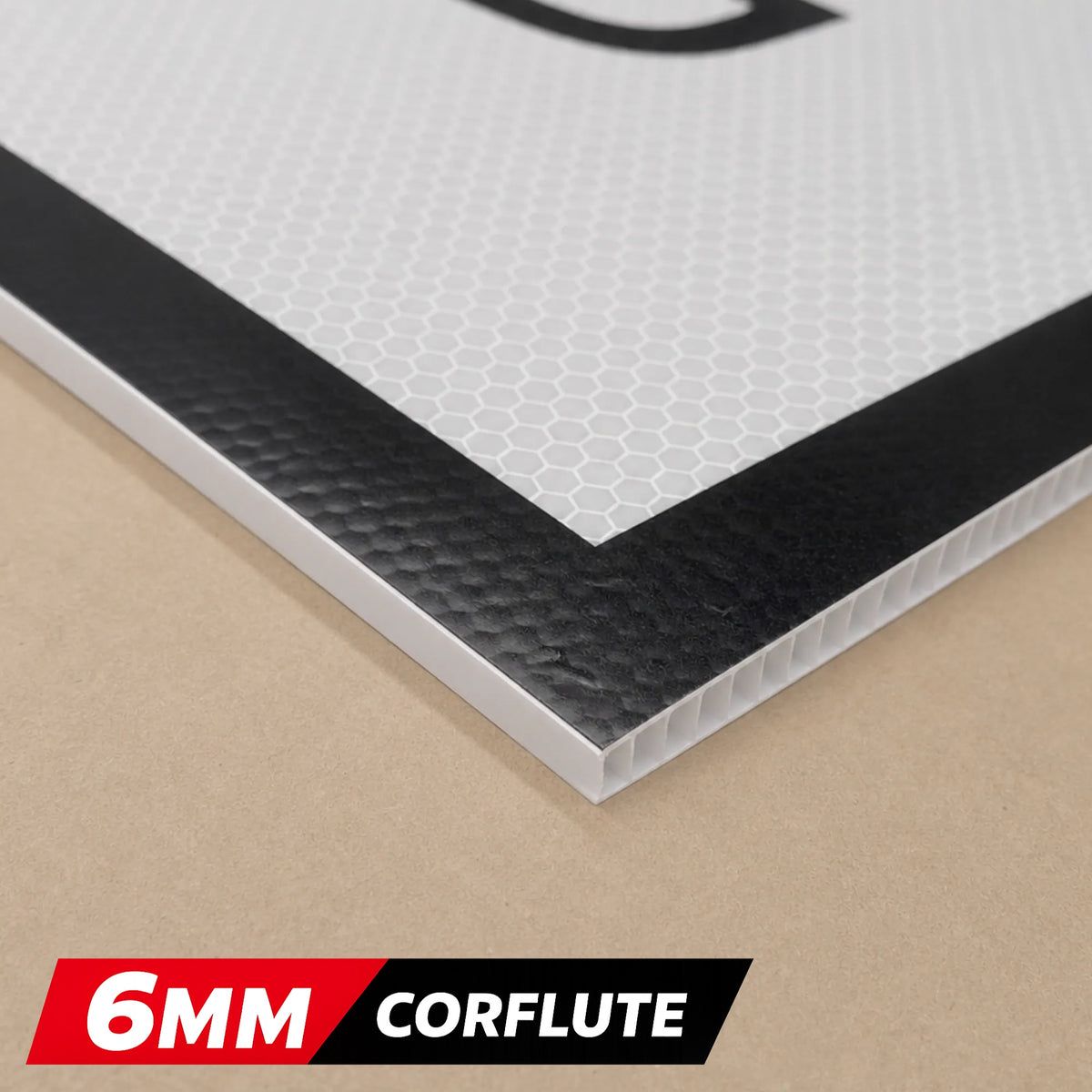 6MM Corflute white reflective sheet with honeycomb core on a beige background