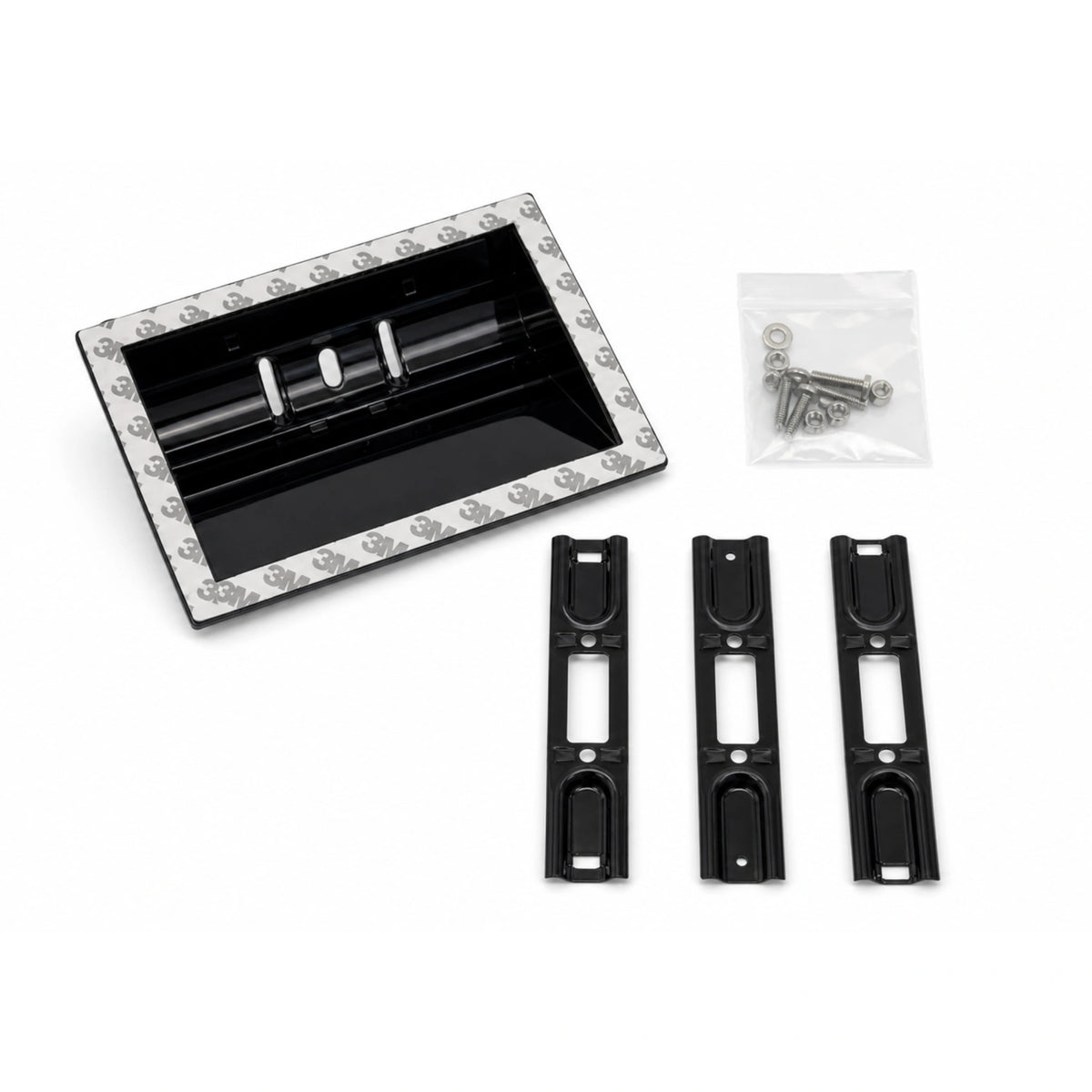 WM-155-30 window mount with 3M adhesive backing, three black back plates and a bag of mounting fasteners