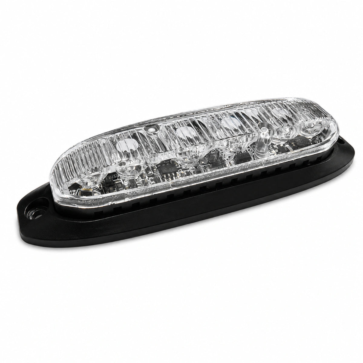 X6 18W LED warning light head, angled view showing the six LEDs through the clear TIR lens