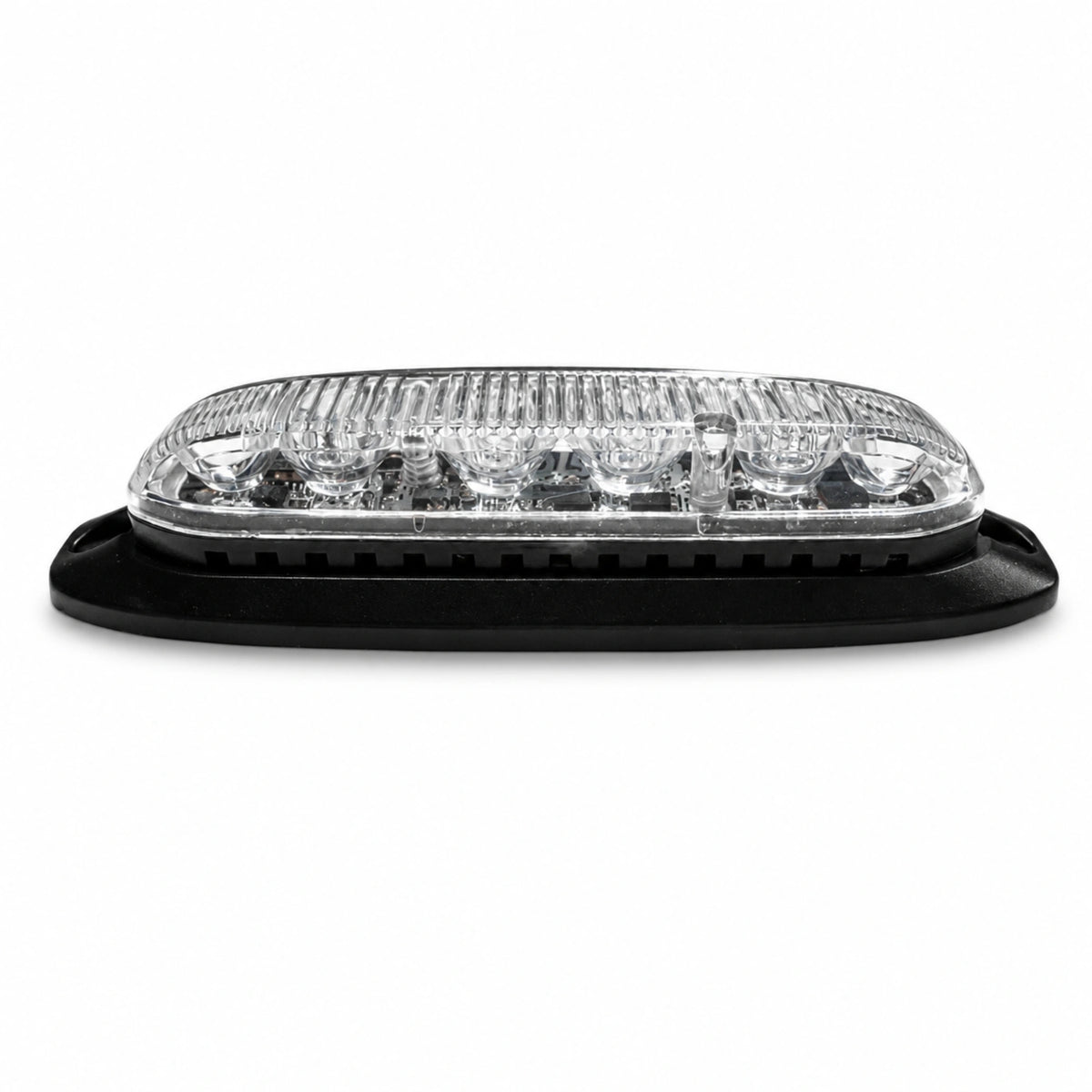 X6 18W LED warning light head, straight-on side profile of the unlit clear lens and black housing